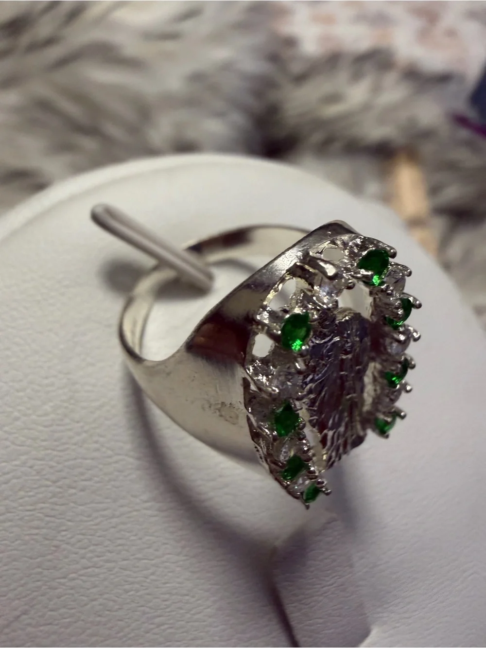 925 Sterling Silver San Judas Tadeo Horseshoe Ring Green Clear CZ Saint Jude